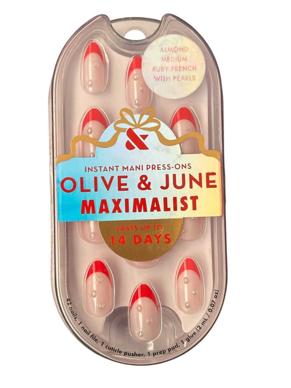 Olive & Juneโ Press-on Nails-Maximalist-Ruby French With Pearls-Medium-Almond